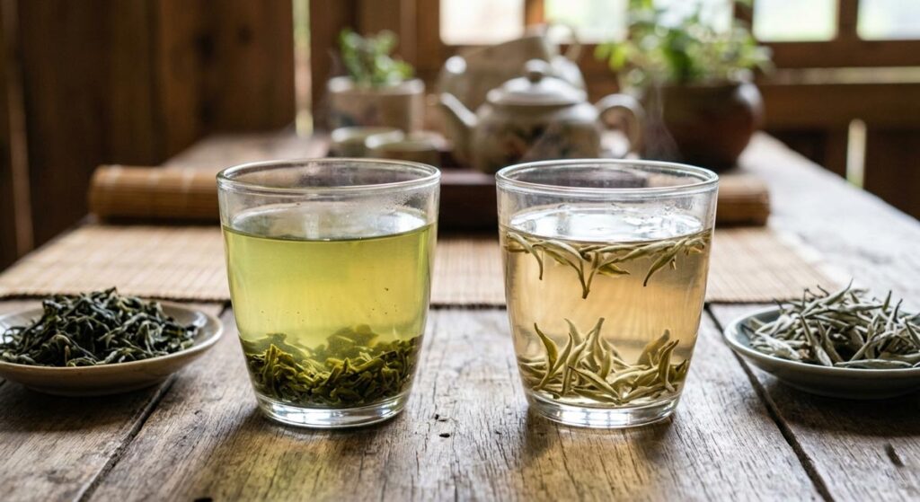Sự khác biệt giữa bạch trà và lục trà qua màu nước và búp trà