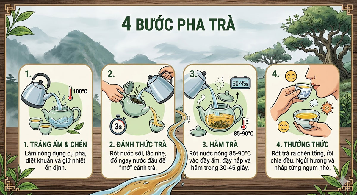 Các bước pha trà shan tuyết cổ thụ chi tiết.