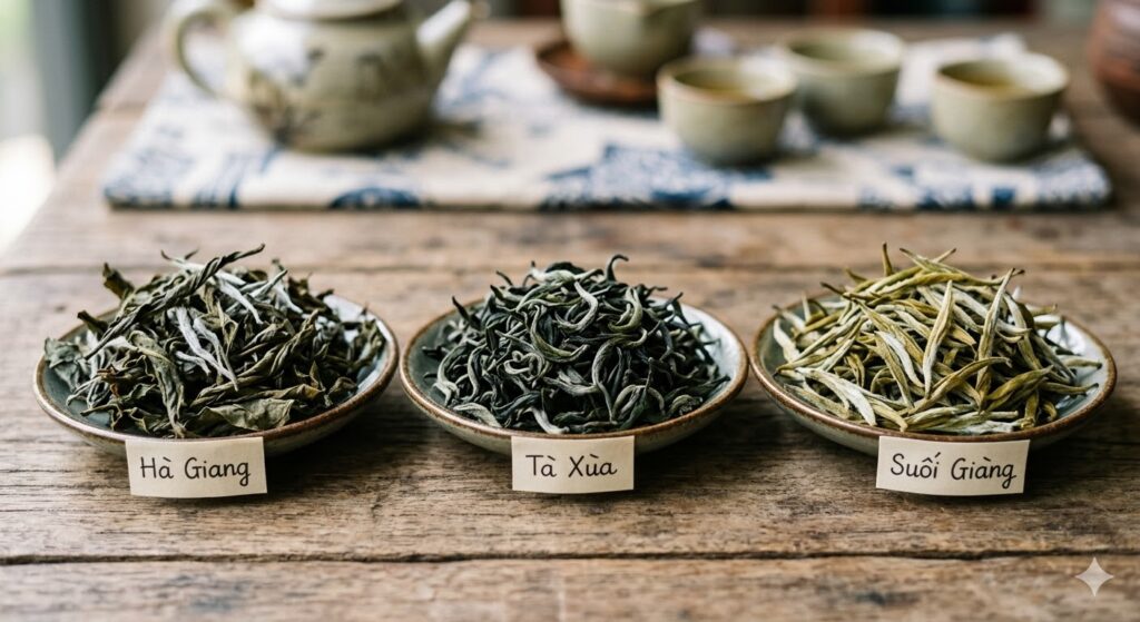 So sánh búp trà shan tuyết khô từ các vùng trà shan tuyết nổi tiếng.