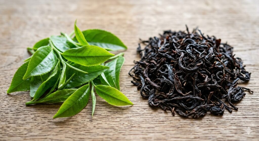 Sự khác biệt giữa lá trà xanh và hồng trà sau quá trình lên men 100%.