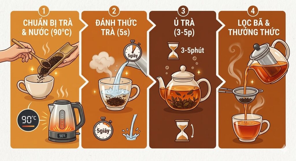 Infographic hướng dẫn pha hồng trà cơ bản theo tỷ lệ vàng