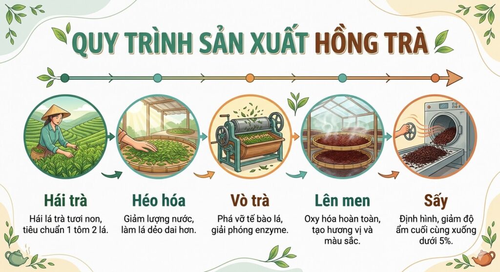 Infographic tóm tắt 5 bước trong quy trình sản xuất hồng trà tiêu chuẩn