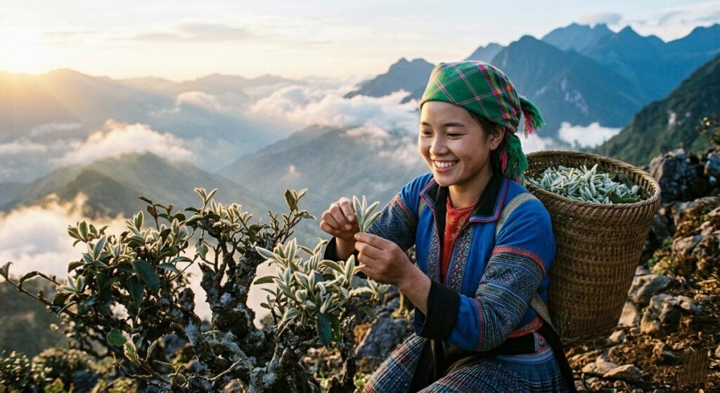 Thu hái Trà Shan Tuyết Cổ Thụ thủ công