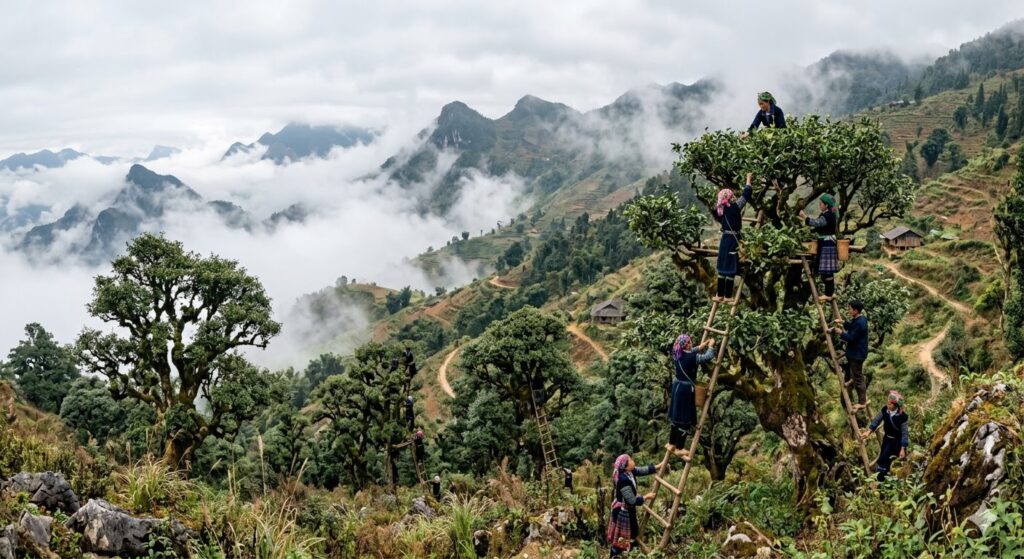 Cây trà shan tuyết cổ thụ hàng trăm năm tuổi tại vùng núi Tây Bắc.