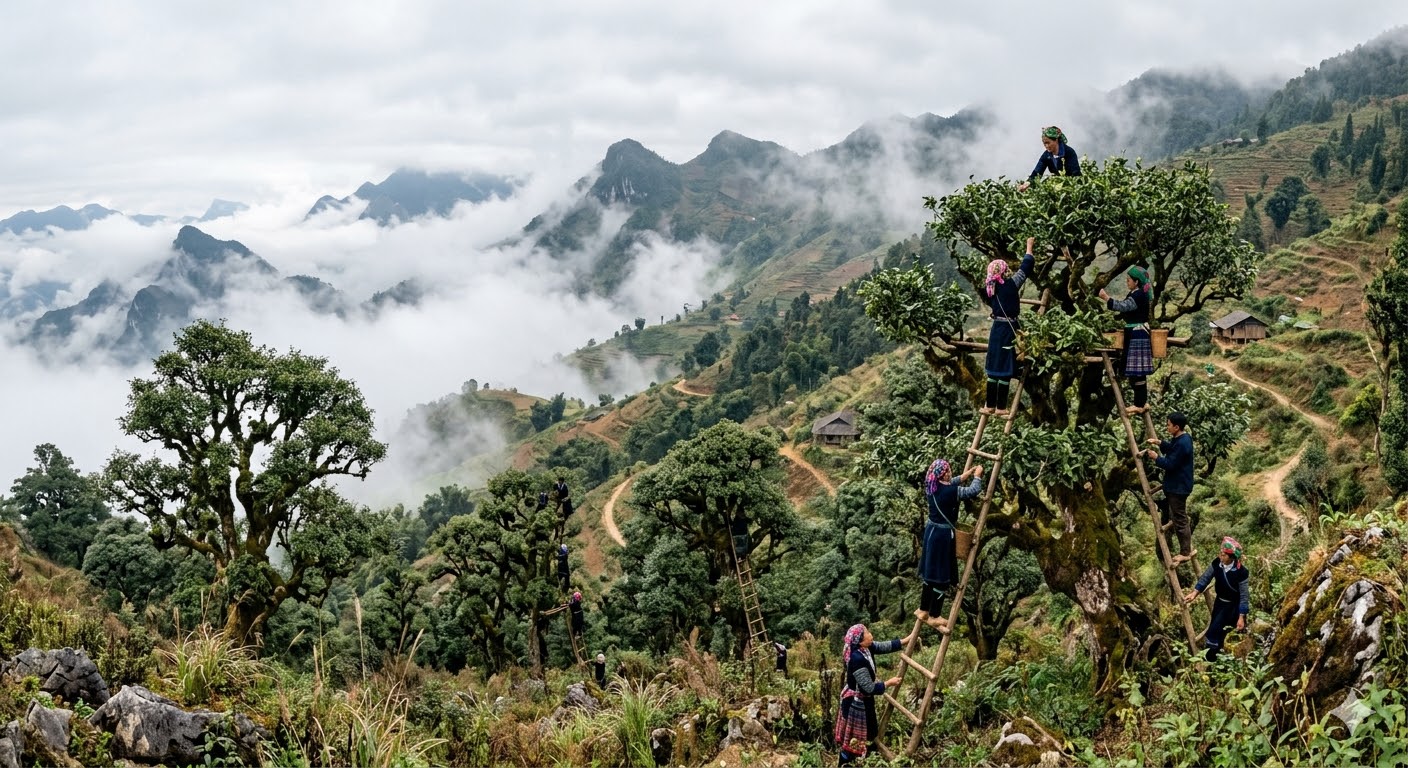 Cây trà shan tuyết cổ thụ hàng trăm năm tuổi tại vùng núi Tây Bắc.