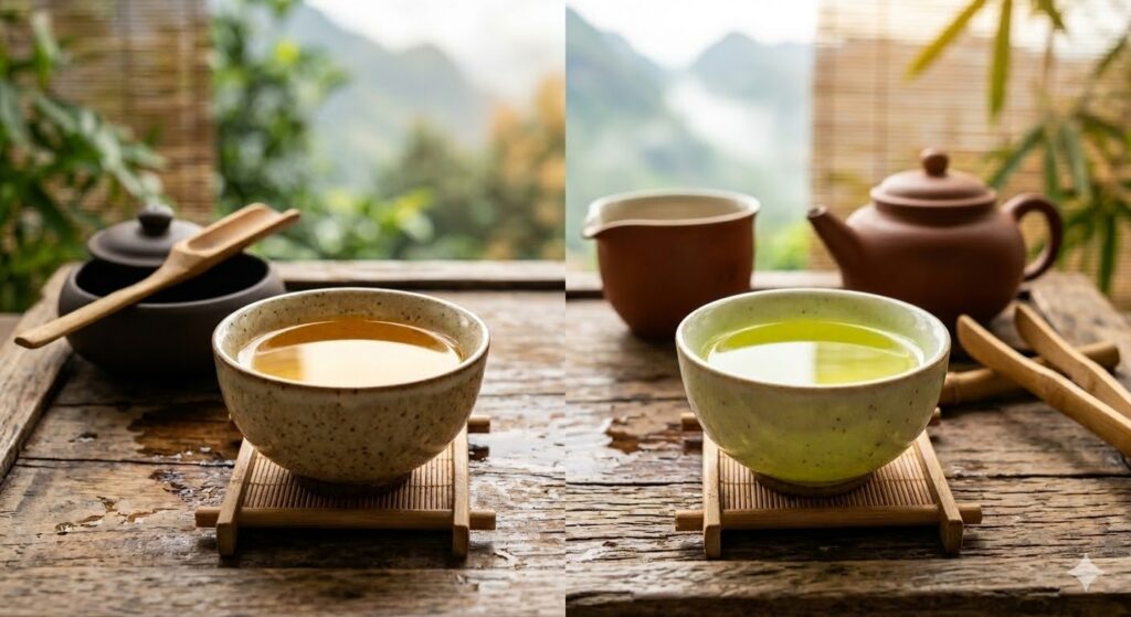 Màu nước vàng mật ong của trà shan tuyết và màu xanh cốm của trà thái nguyên tân cương